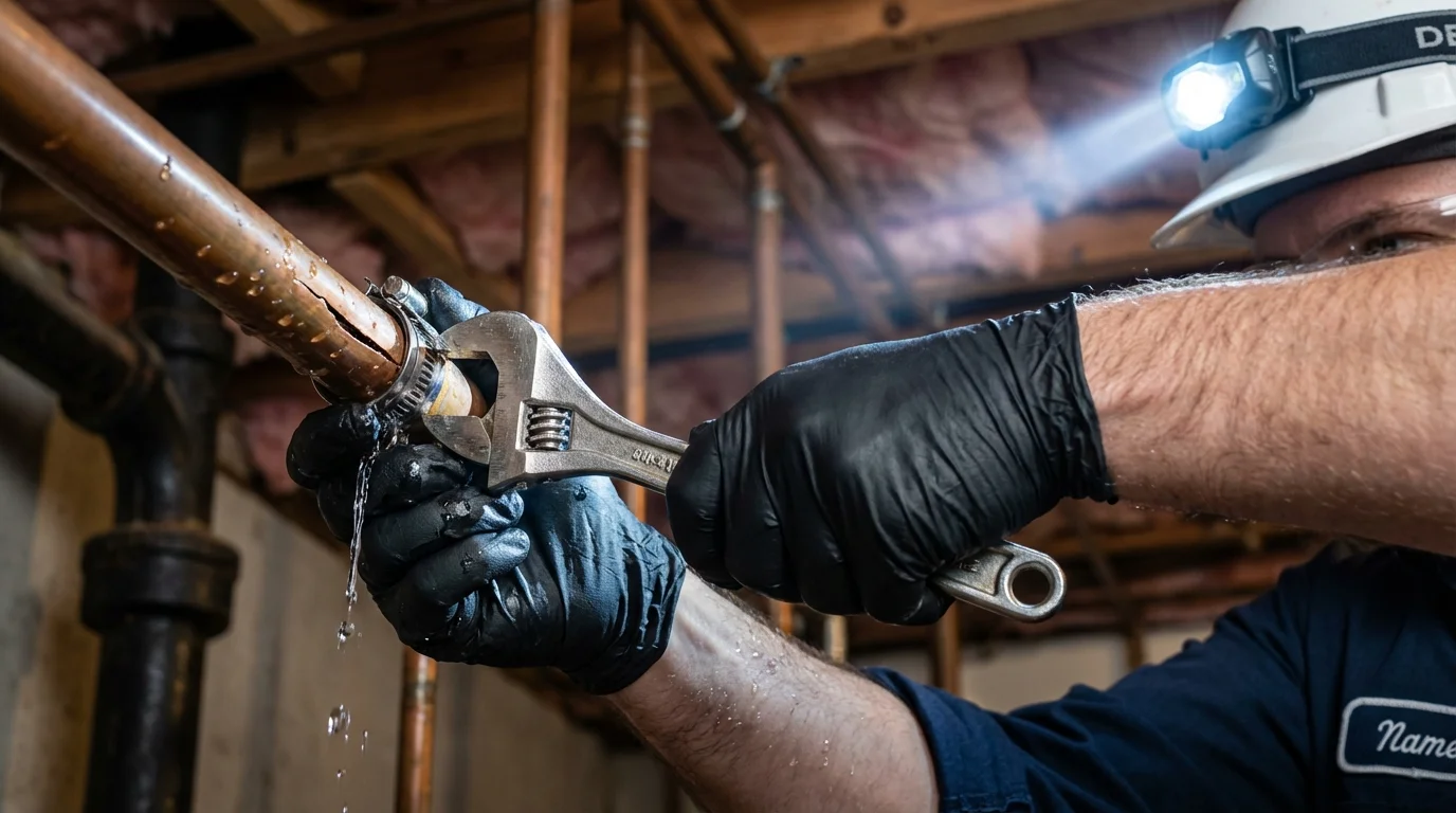 Emergency pipe clamp repair being performed by a Johns Plumbing LLC plumber in Hereford