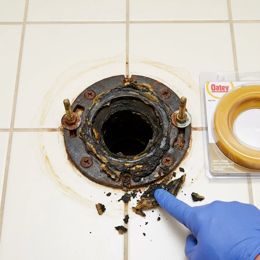 Failed wax ring showing water seepage at the base of a toilet in a Hereford, TX home