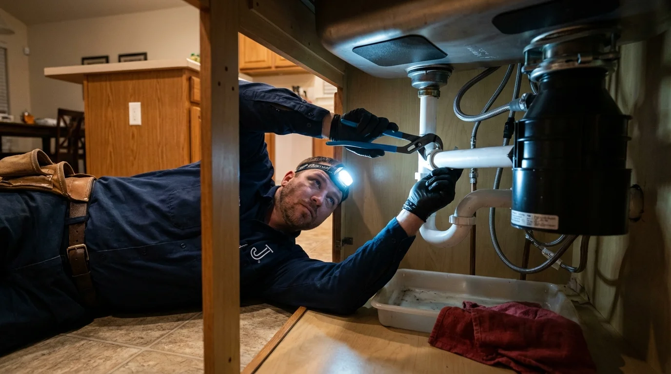 P-trap and supply line connections under a kitchen sink showing a common leak point in Hereford, TX
